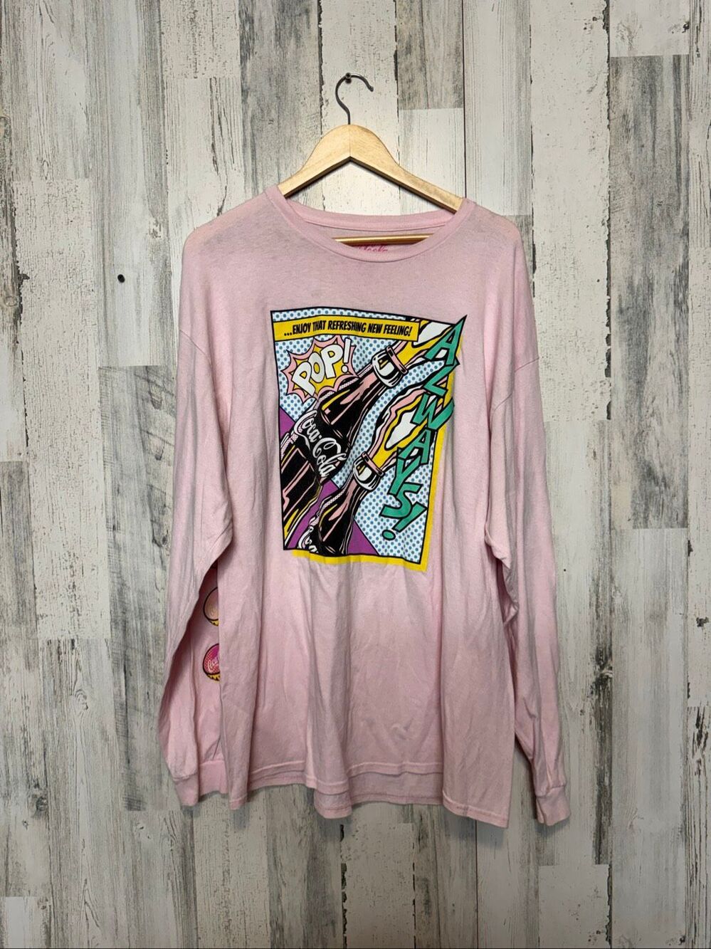 Coca-Cola Pop Art Long Sleeve Graphic T-Shirt Unisex 2XL Light Pastel Pink